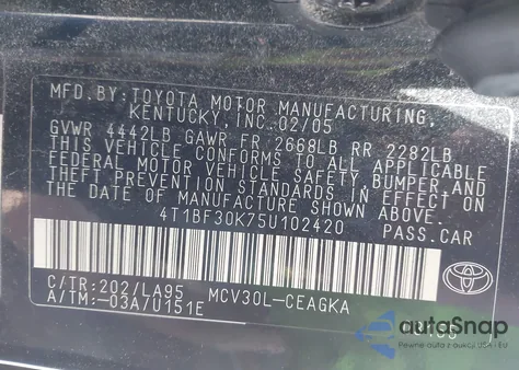 2005 Toyota Camry Xle V6 из США, поврежденный, VIN 4T1BF30K75U102420